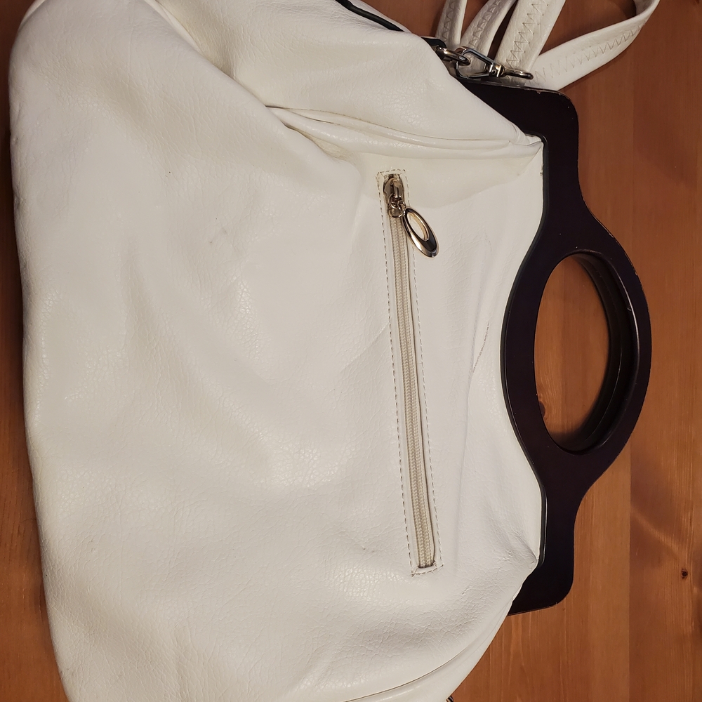 Vintage White Leather Handbag With Wood Handle